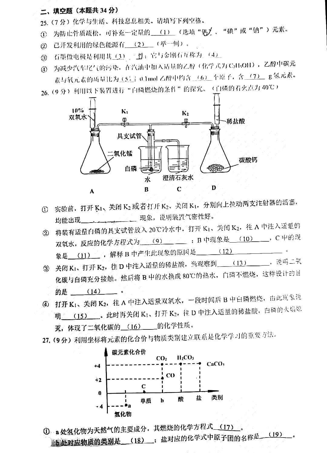 2020杨浦初三一模化学卷及答案
